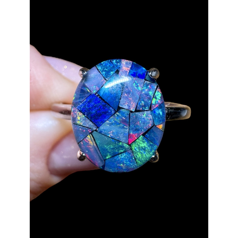 Bague argent opale triplet mosaïque australienne