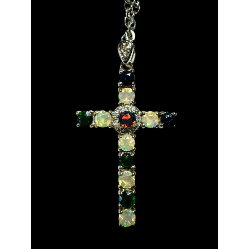 Pendentif argent croix 12 opales Ethiopiennes