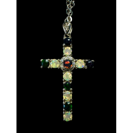 Pendentif argent croix 12 opales Ethiopiennes