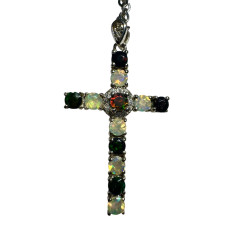 Pendentif argent croix 12 opales Ethiopiennes