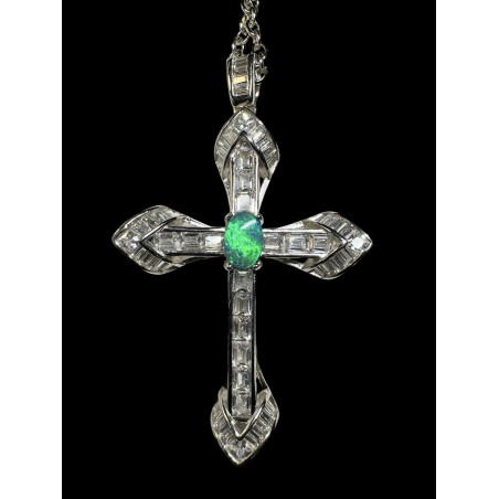 Pendentif argent "croix" zircons et  Opale doublet Australienne