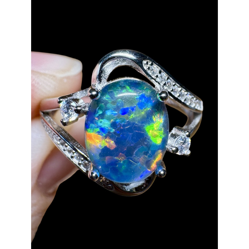 Bague argent plaqué or blanc opale triplet australienne